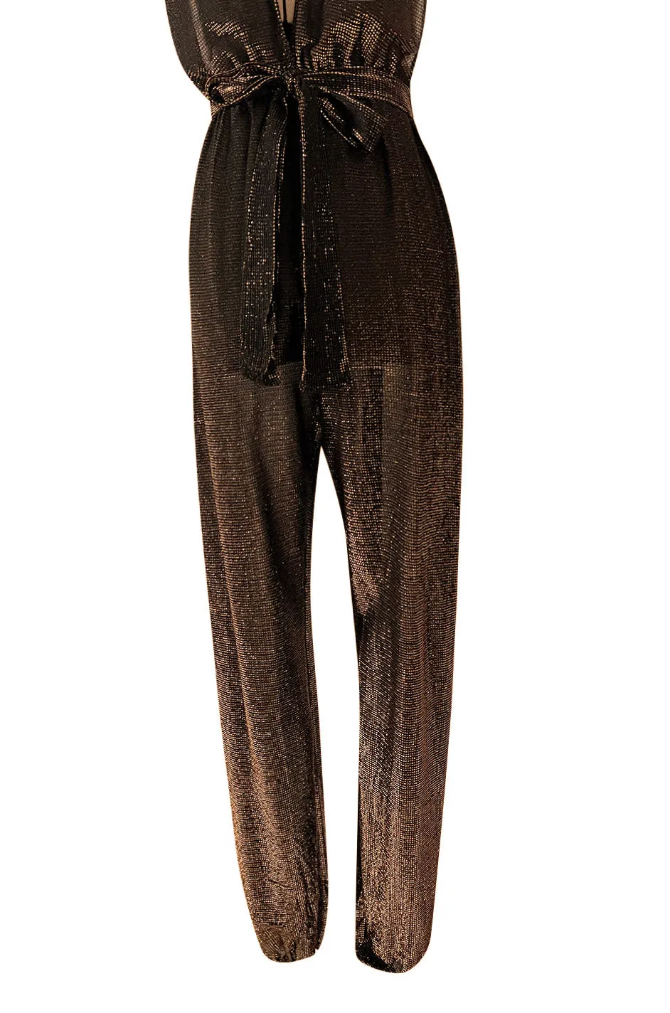 1970s Unlabeled Metallic Copper Lame Lurex Backless Jumpsuit w Halter Front