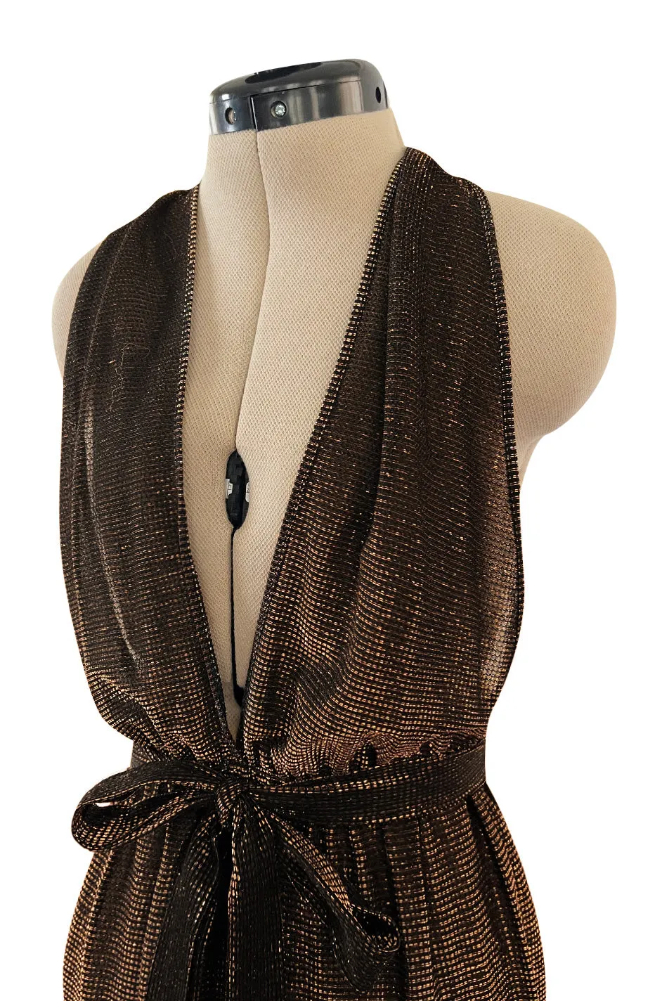1970s Unlabeled Metallic Copper Lame Lurex Backless Jumpsuit w Halter Front