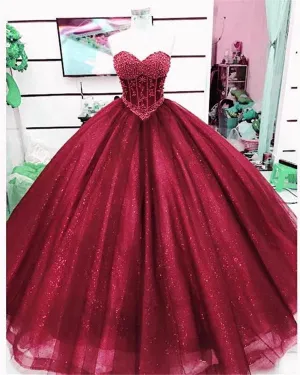 2018 Sparkly Burgundy Quinceanera Dresses Beaded Pearls Sweet 16 Dress vestidos de quinceañera