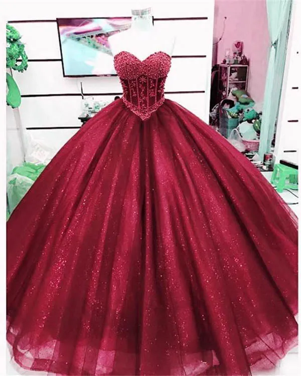 2018 Sparkly Burgundy Quinceanera Dresses Beaded Pearls Sweet 16 Dress vestidos de quinceañera