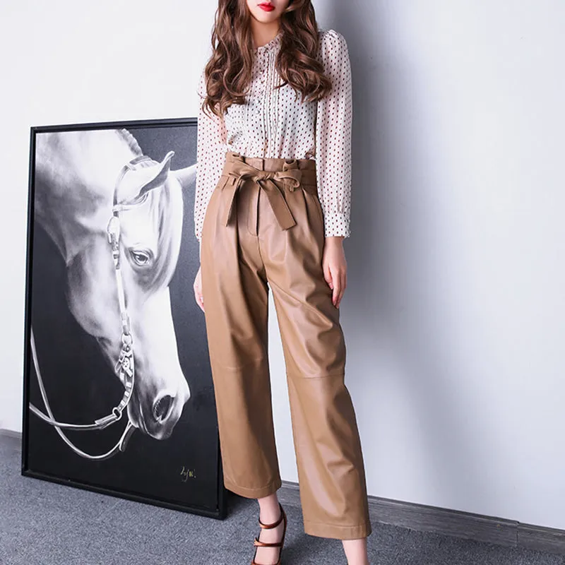 2022 Spring New Women's Leather Pants Sheepskin High Waist Bow Tie Lace Waist Trousers Straight Pants TF4597