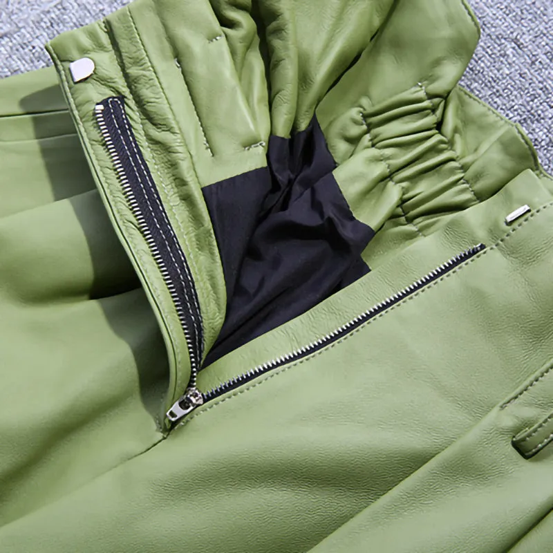 2022 Spring New Women's Leather Pants Sheepskin High Waist Bow Tie Lace Waist Trousers Straight Pants TF4597