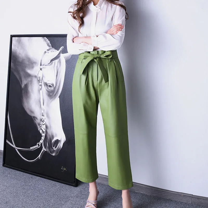 2022 Spring New Women's Leather Pants Sheepskin High Waist Bow Tie Lace Waist Trousers Straight Pants TF4597