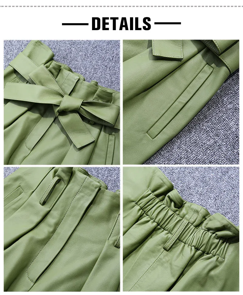2022 Spring New Women's Leather Pants Sheepskin High Waist Bow Tie Lace Waist Trousers Straight Pants TF4597