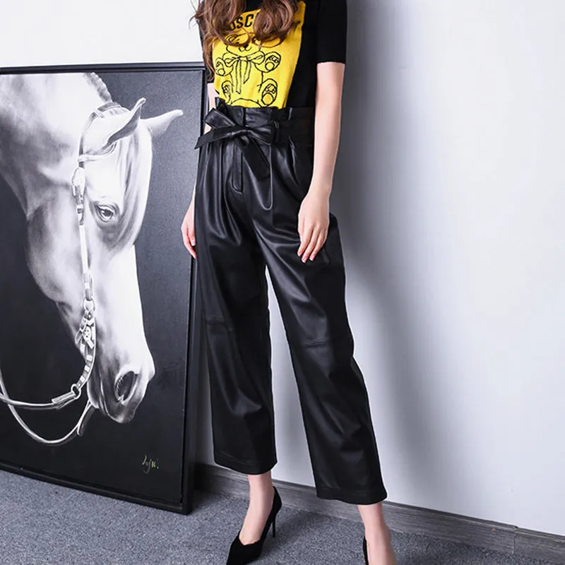 2022 Spring New Women's Leather Pants Sheepskin High Waist Bow Tie Lace Waist Trousers Straight Pants TF4597