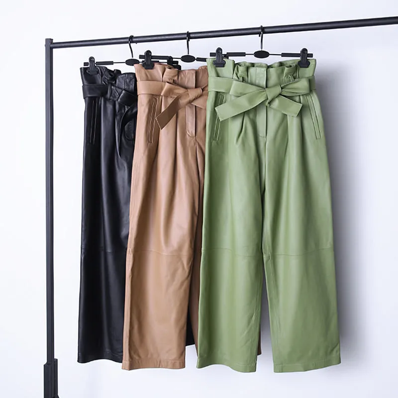 2022 Spring New Women's Leather Pants Sheepskin High Waist Bow Tie Lace Waist Trousers Straight Pants TF4597