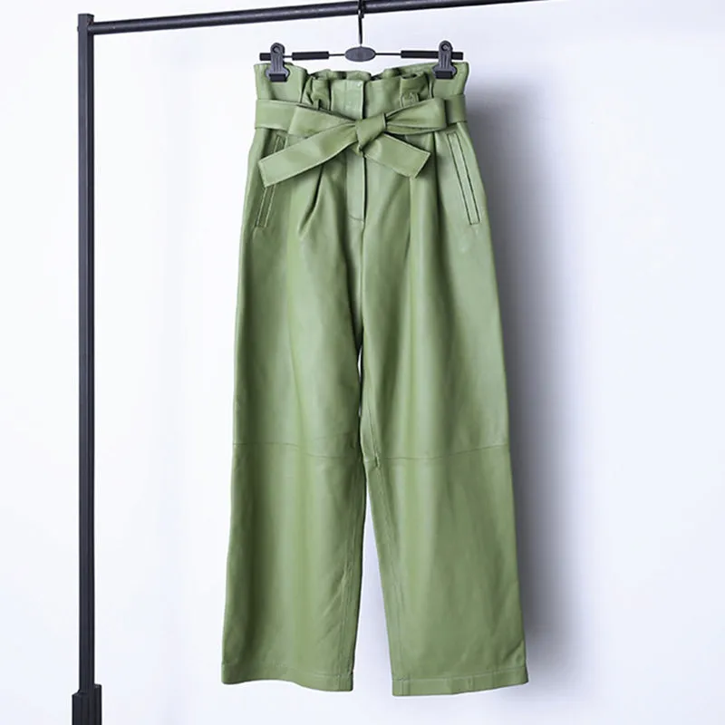 2022 Spring New Women's Leather Pants Sheepskin High Waist Bow Tie Lace Waist Trousers Straight Pants TF4597