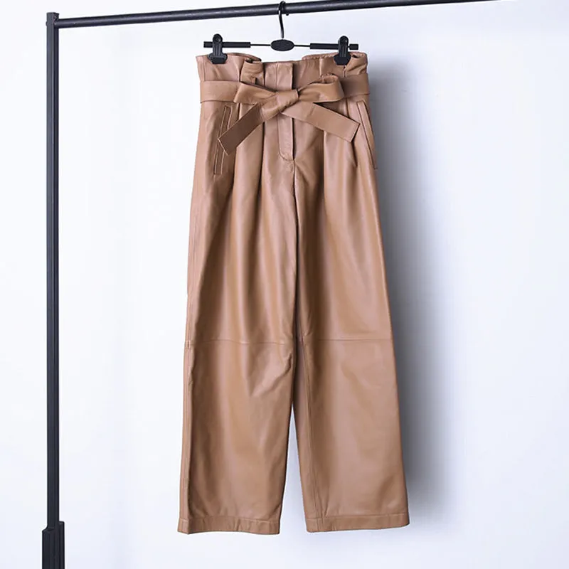 2022 Spring New Women's Leather Pants Sheepskin High Waist Bow Tie Lace Waist Trousers Straight Pants TF4597