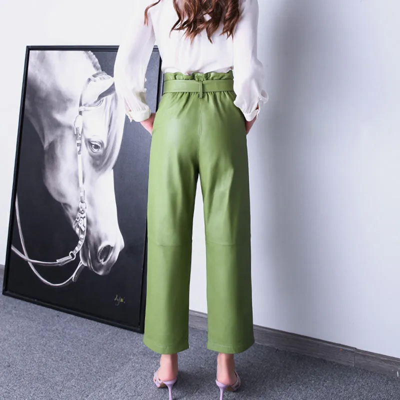 2022 Spring New Women's Leather Pants Sheepskin High Waist Bow Tie Lace Waist Trousers Straight Pants TF4597