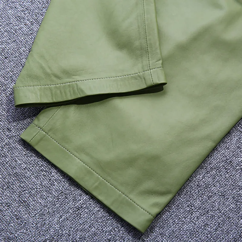 2022 Spring New Women's Leather Pants Sheepskin High Waist Bow Tie Lace Waist Trousers Straight Pants TF4597