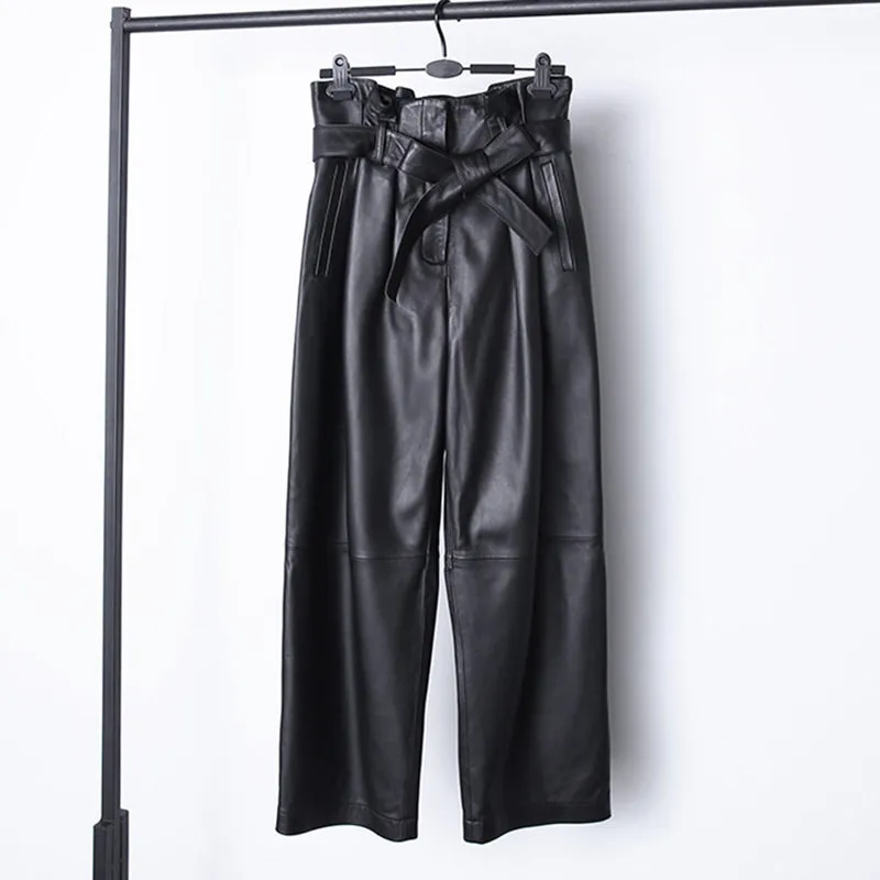 2022 Spring New Women's Leather Pants Sheepskin High Waist Bow Tie Lace Waist Trousers Straight Pants TF4597