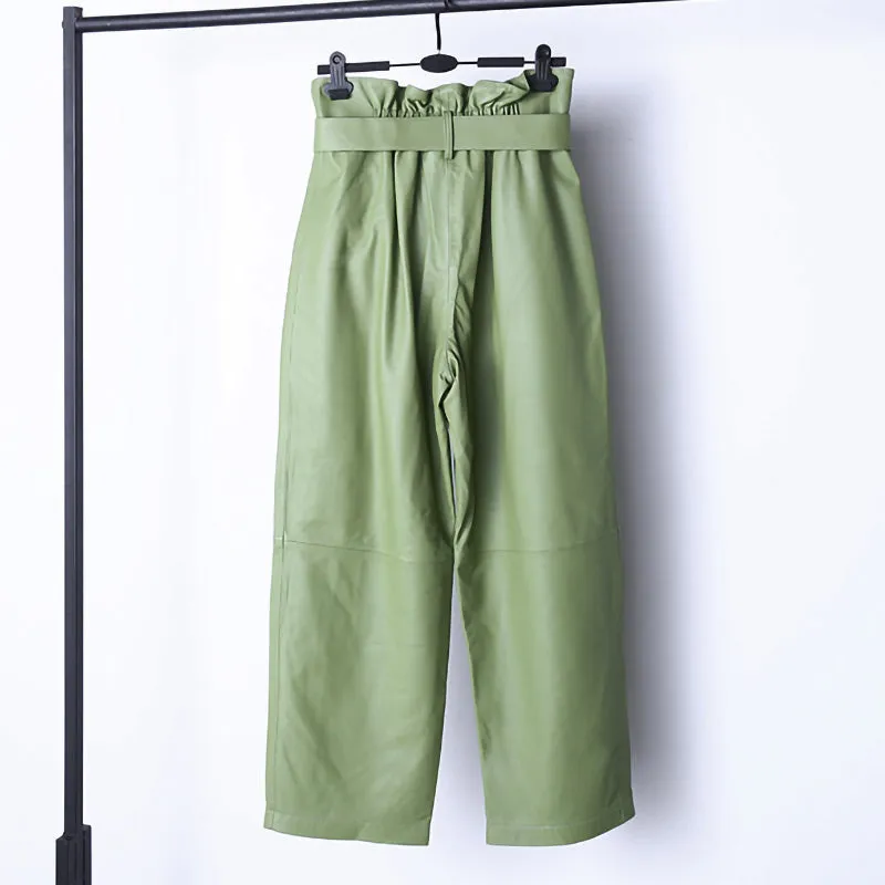 2022 Spring New Women's Leather Pants Sheepskin High Waist Bow Tie Lace Waist Trousers Straight Pants TF4597