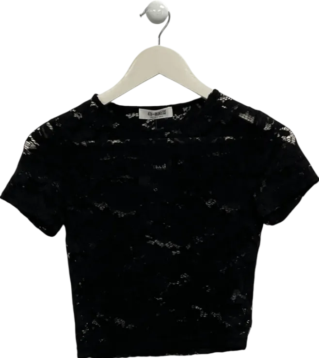 4th & Reckless Black Short Sleeve Lace Crop Top UK 6