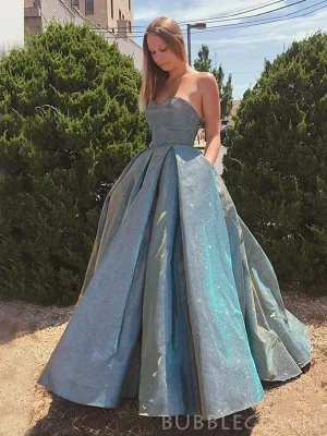 A-line Grey Sparkly Long Evening Prom Dresses, Strapless Custom Prom Dresses, MR8246