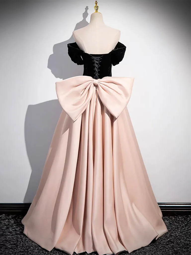 A-Line Off Shoulder Satin Champagne/Black Long Prom Dress, Champagne/Black Long Evening Dress