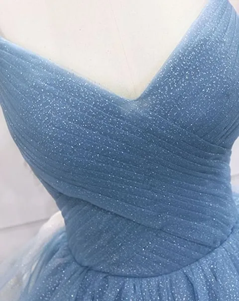 A Line Sparkly Blue Evening Dresses Tulle Prom Dresses Spaghetti Straps