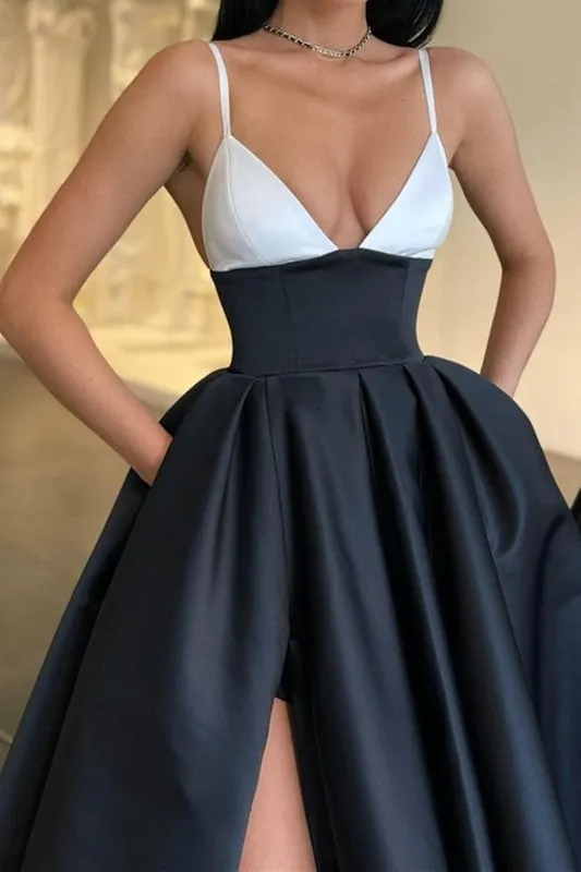 A Line V Neck Black White Long Prom with High Slit, V Neck Black White Formal Evening