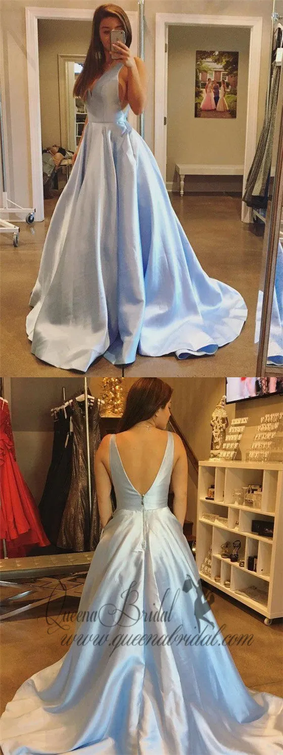 A-line V-neck Satin Long Cheap Sky Blue Prom Dresses with Pocket, QB0308