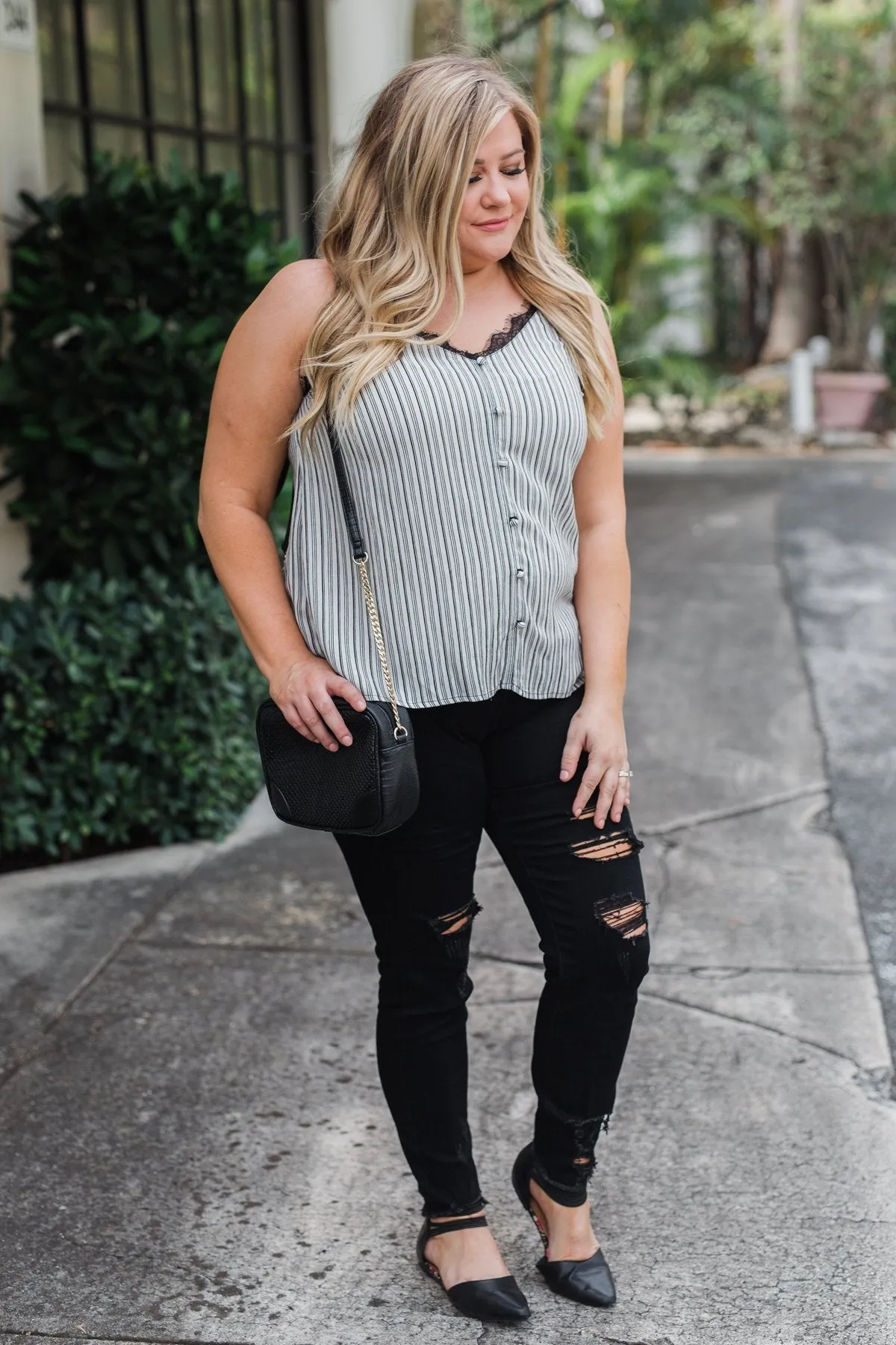 Add A Touch of Lace Striped Tank Top- Black & White