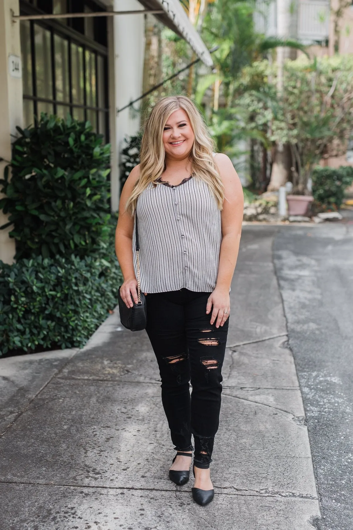 Add A Touch of Lace Striped Tank Top- Black & White