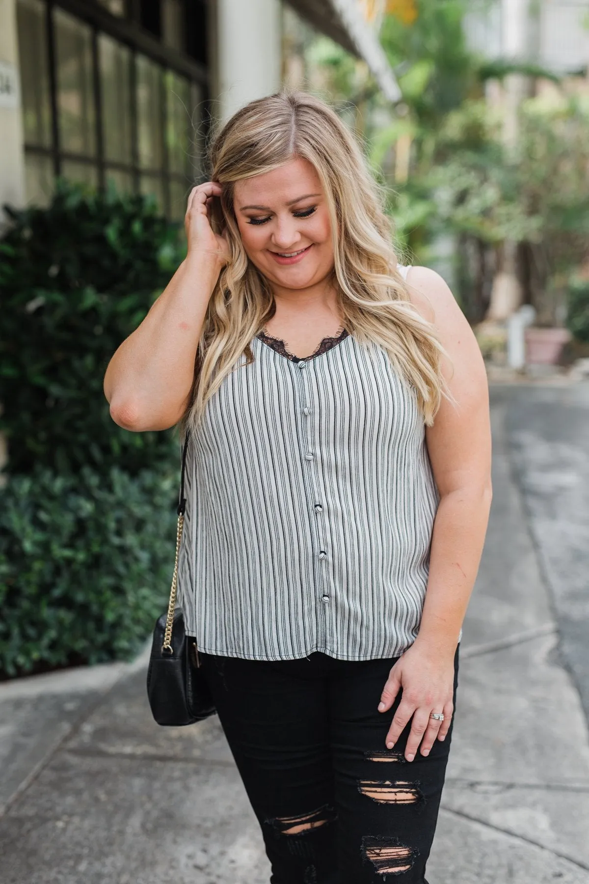 Add A Touch of Lace Striped Tank Top- Black & White