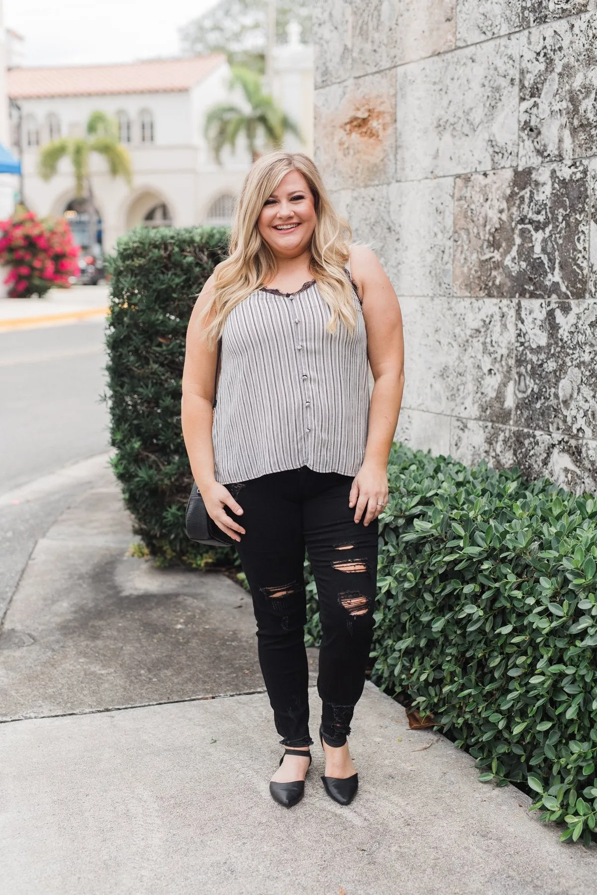 Add A Touch of Lace Striped Tank Top- Black & White