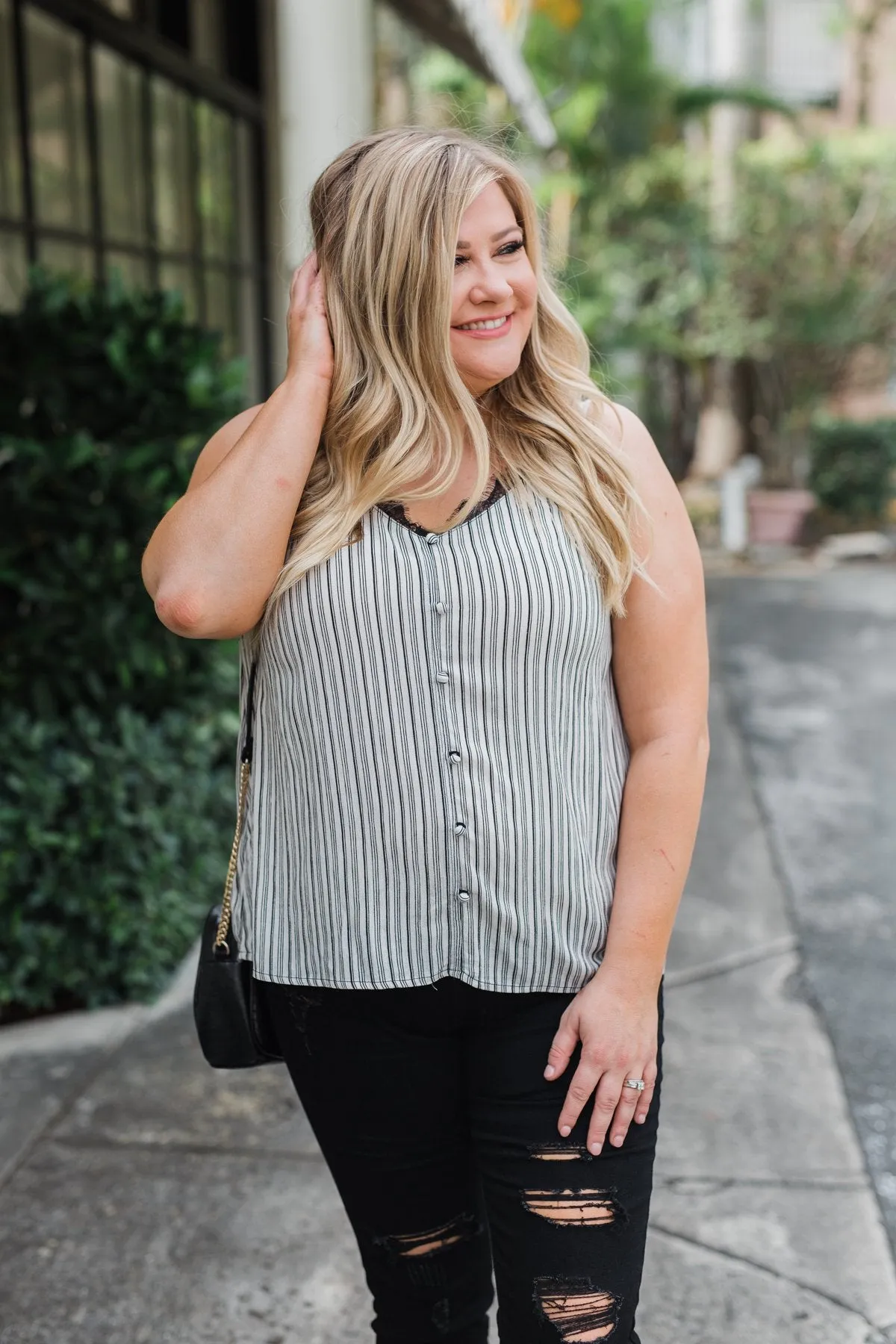 Add A Touch of Lace Striped Tank Top- Black & White