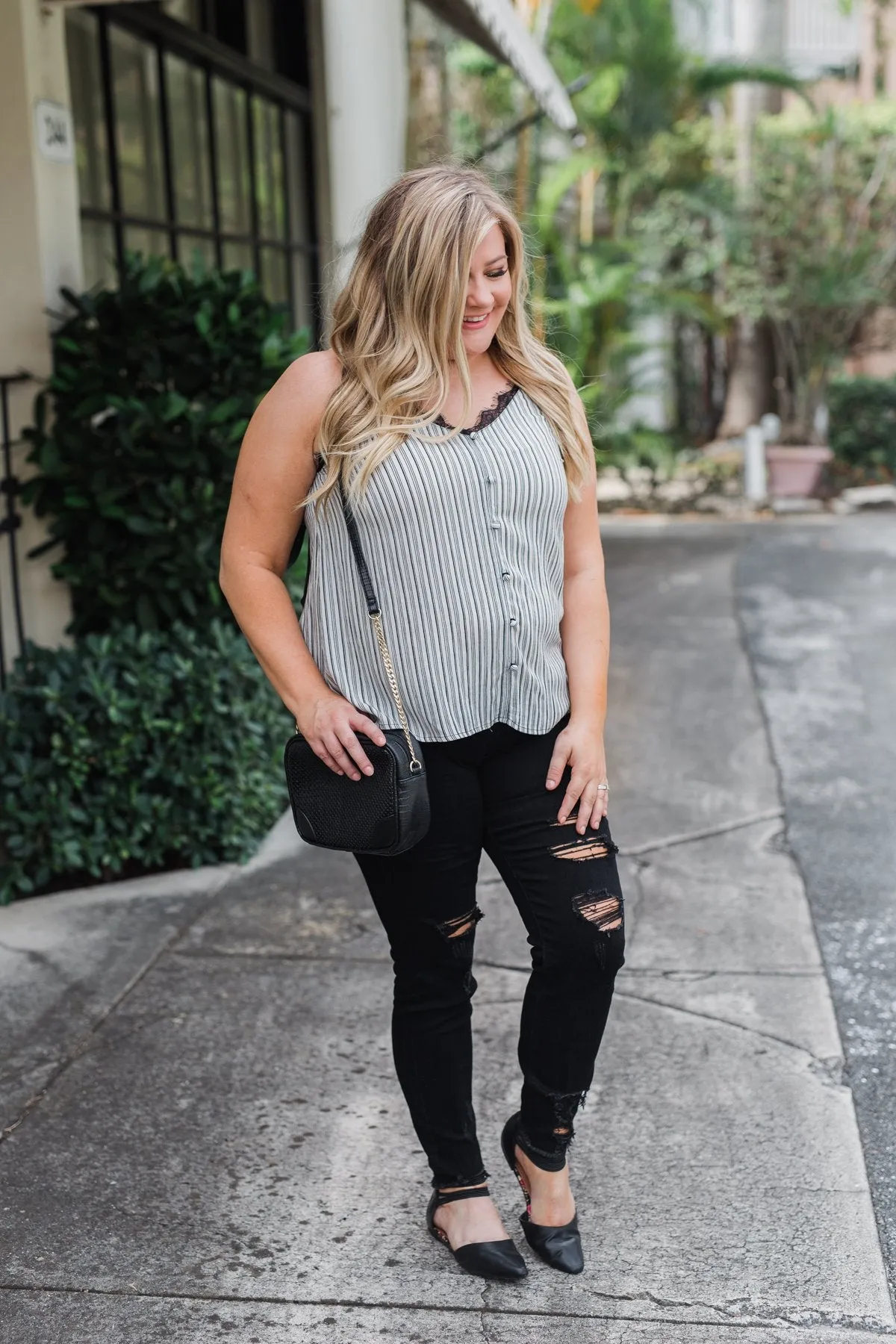 Add A Touch of Lace Striped Tank Top- Black & White