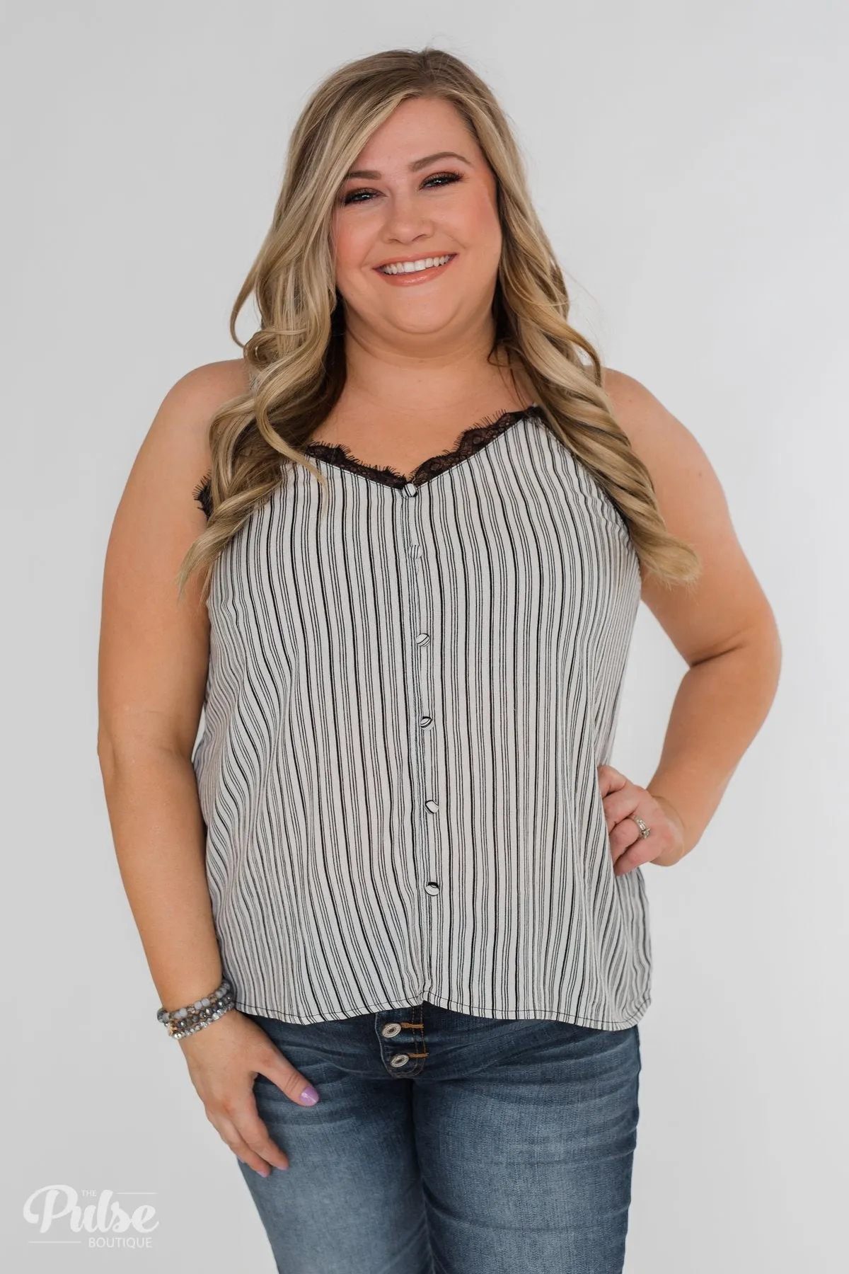 Add A Touch of Lace Striped Tank Top- Black & White