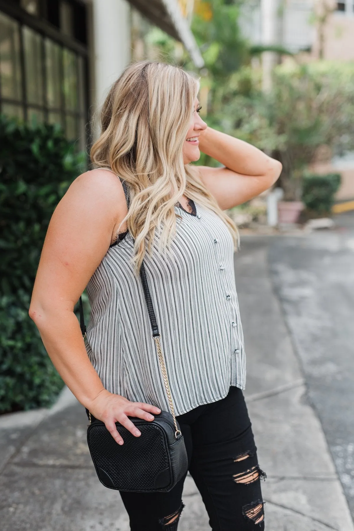 Add A Touch of Lace Striped Tank Top- Black & White
