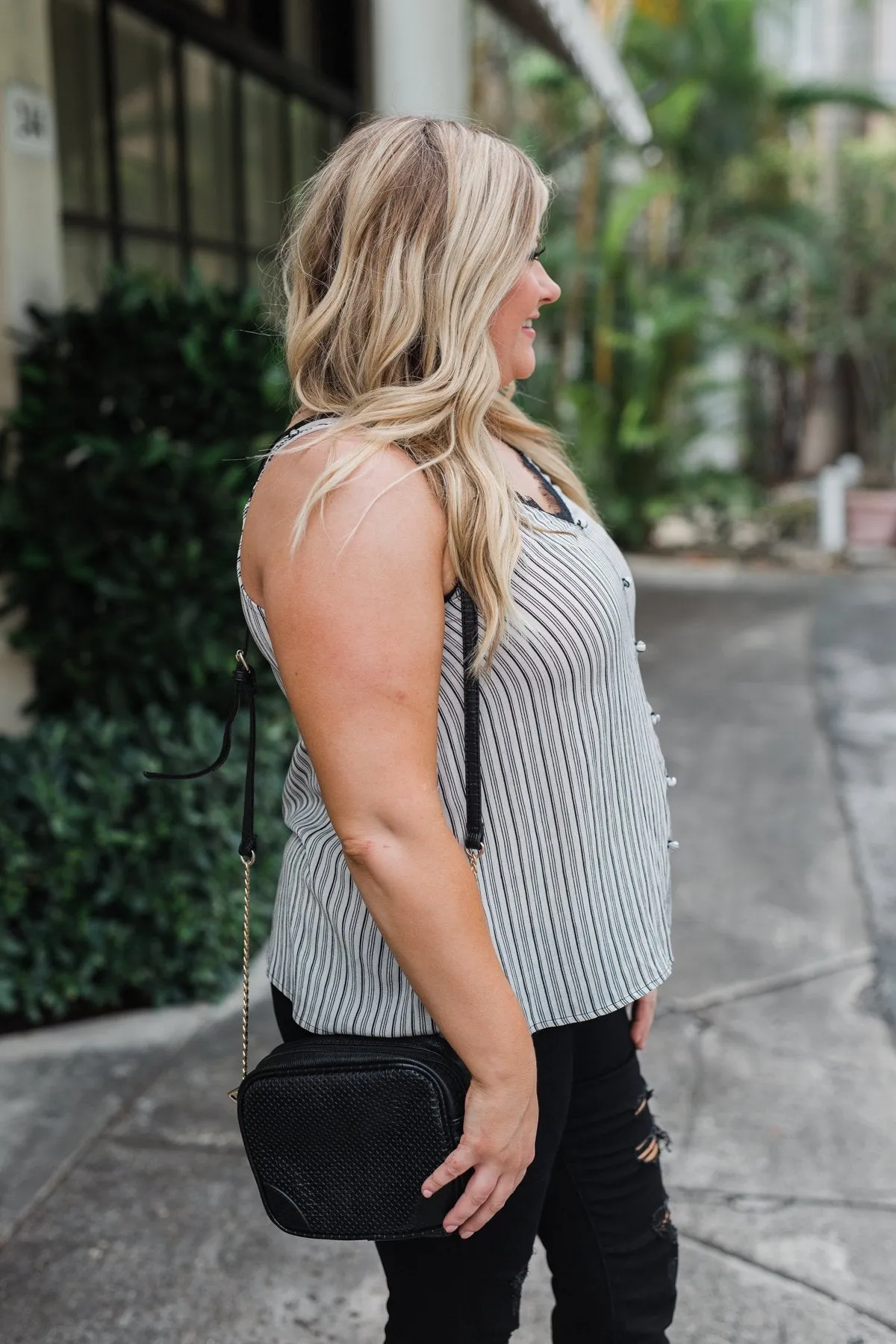 Add A Touch of Lace Striped Tank Top- Black & White