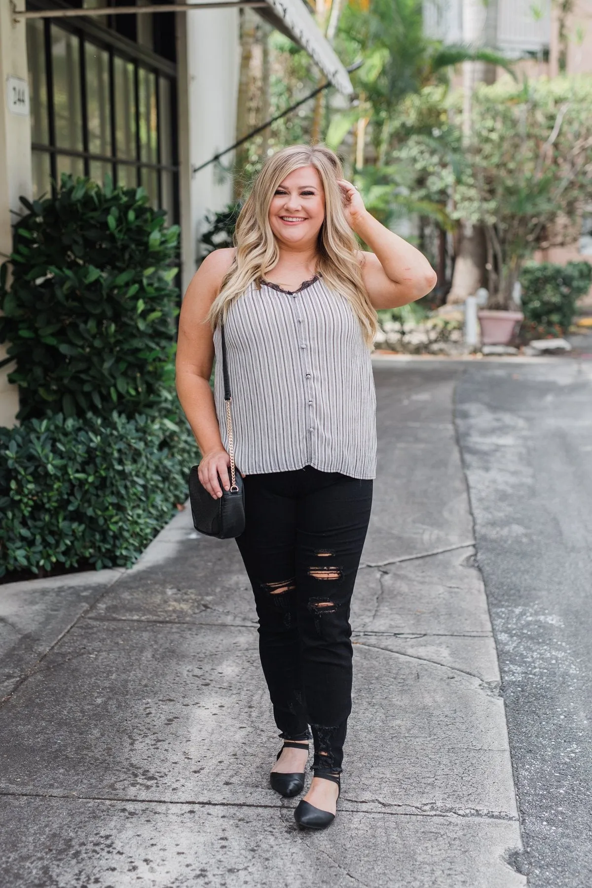 Add A Touch of Lace Striped Tank Top- Black & White