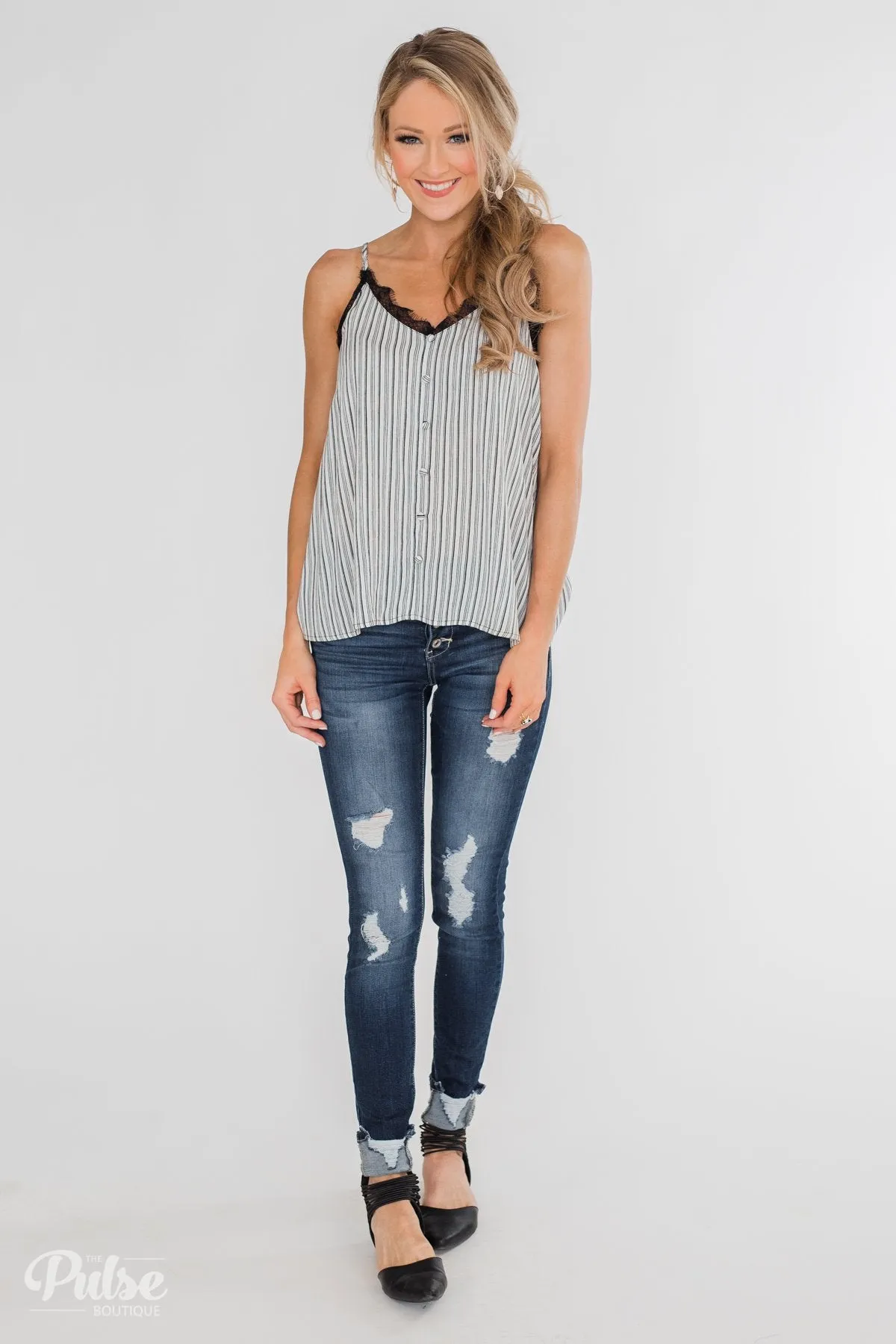 Add A Touch of Lace Striped Tank Top- Black & White