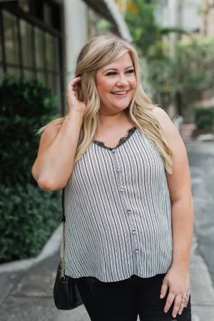 Add A Touch of Lace Striped Tank Top- Black & White