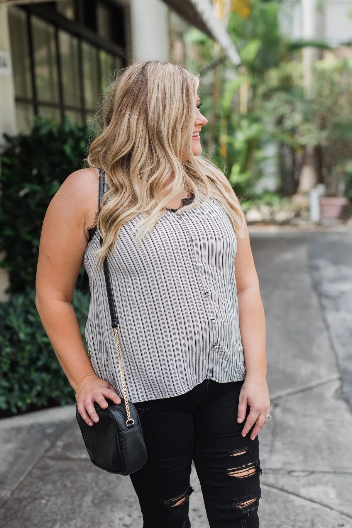 Add A Touch of Lace Striped Tank Top- Black & White
