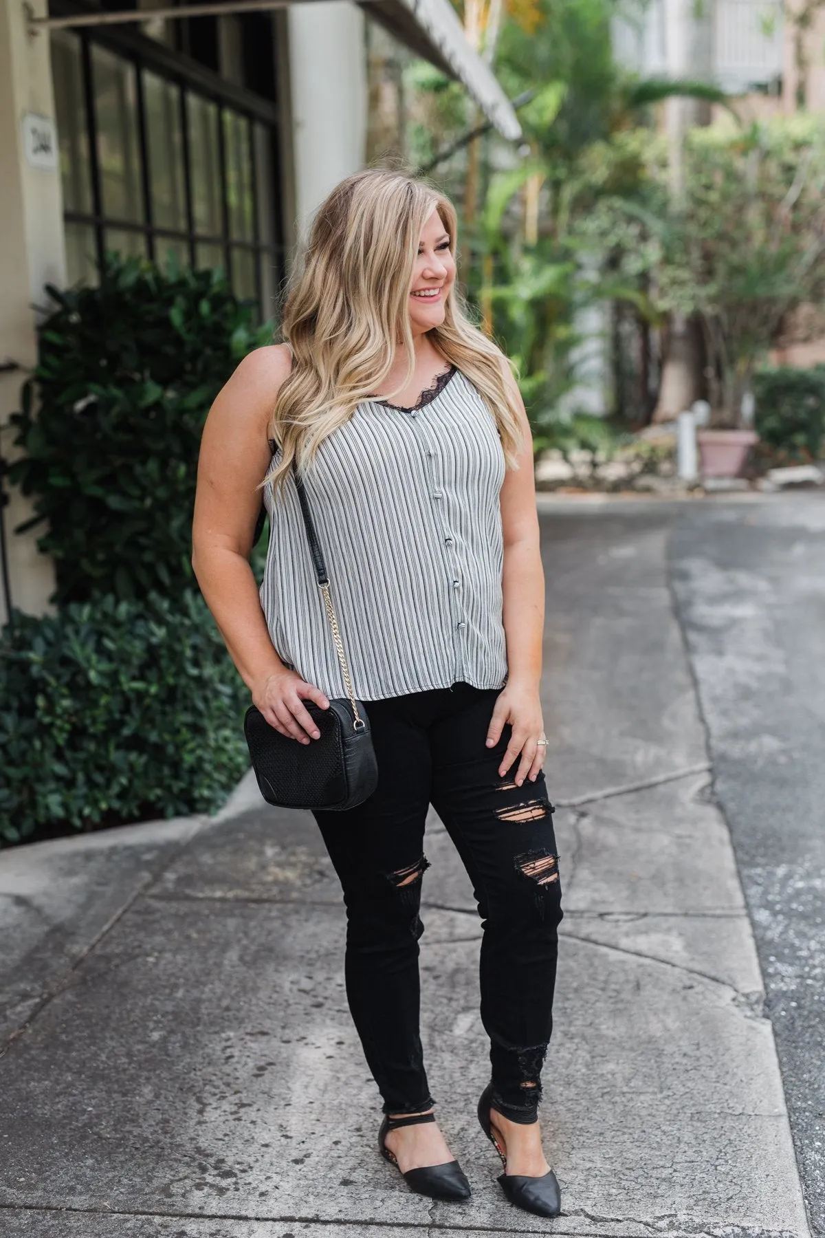 Add A Touch of Lace Striped Tank Top- Black & White