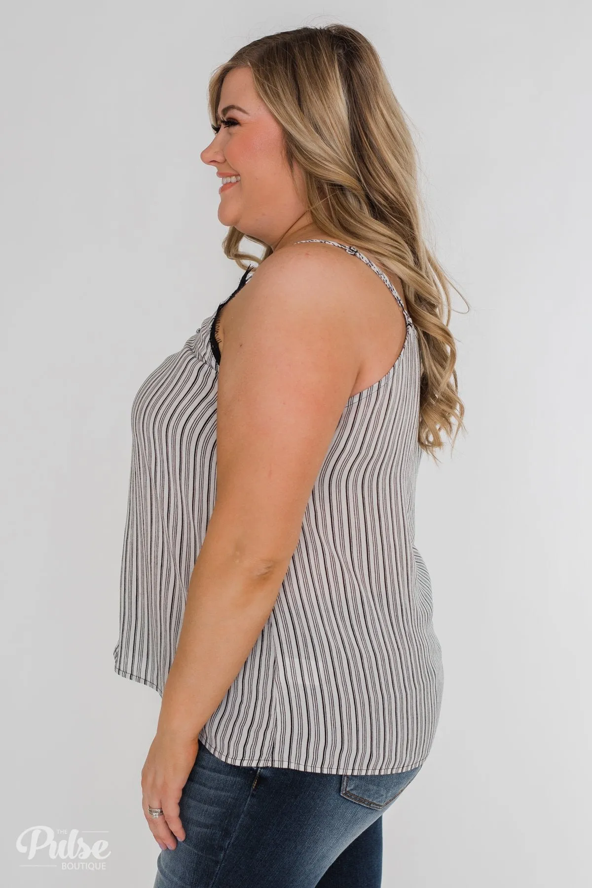 Add A Touch of Lace Striped Tank Top- Black & White