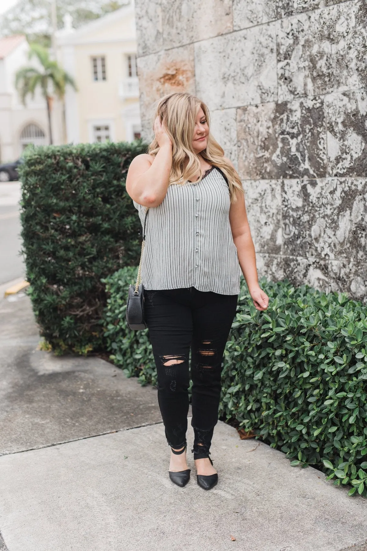 Add A Touch of Lace Striped Tank Top- Black & White
