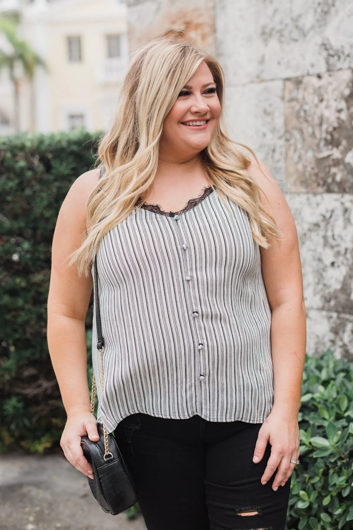 Add A Touch of Lace Striped Tank Top- Black & White