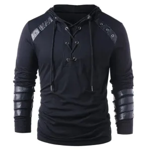 Adult Men Medieval T-shirt Gothic Steampunk Sweatshirt Lace Up Long Sleeve Pullover Hooded Tee Halloween Shirts Tops chemise