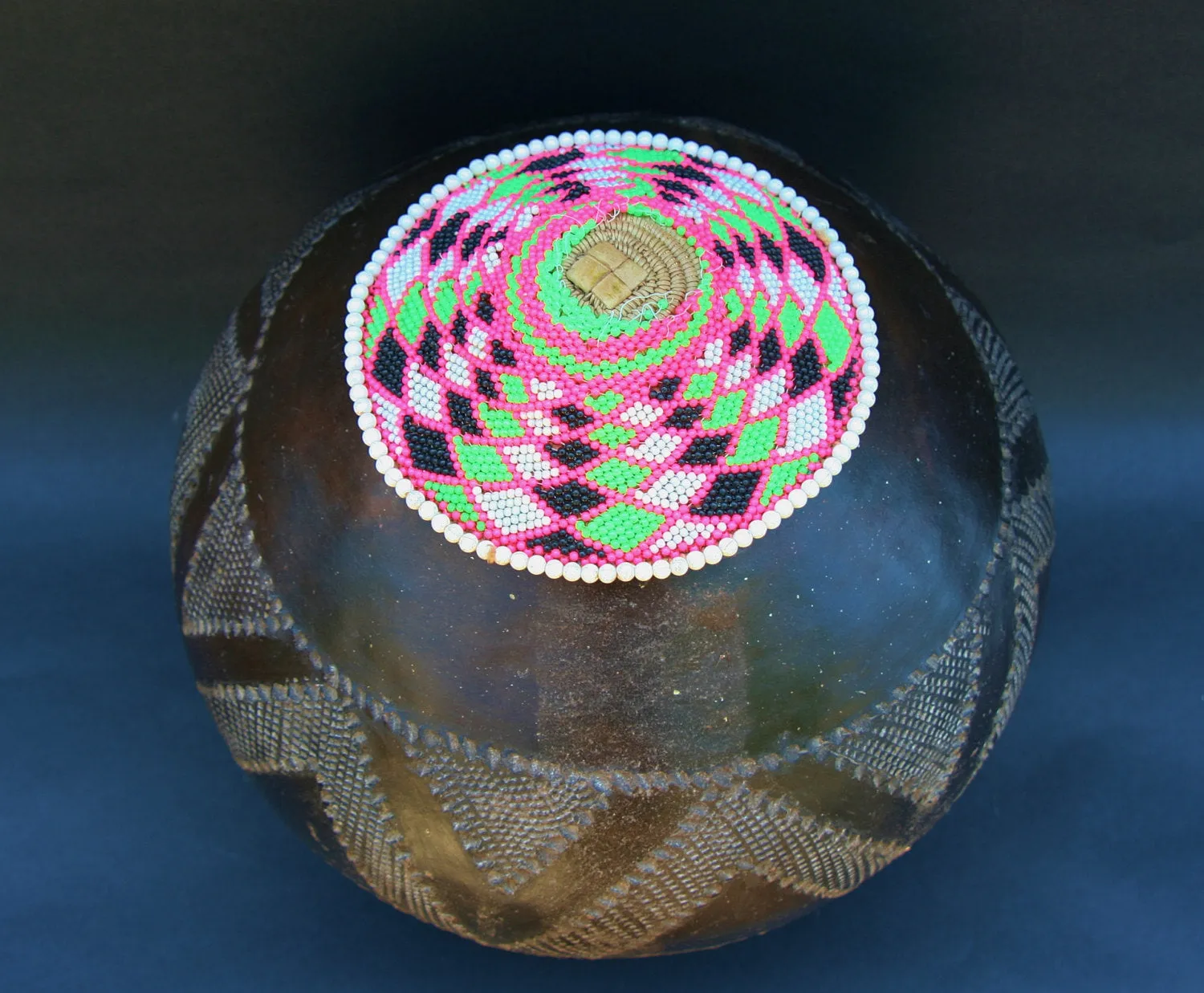 African Zulu Beer Pot Cover Imbenge White, Red, Black Beads