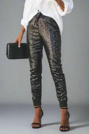 All That Glam Sequin Elastic Black Skinny Leg Pants