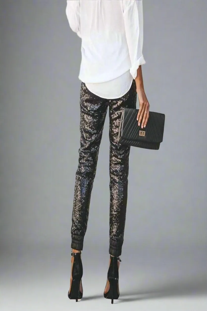 All That Glam Sequin Elastic Black Skinny Leg Pants