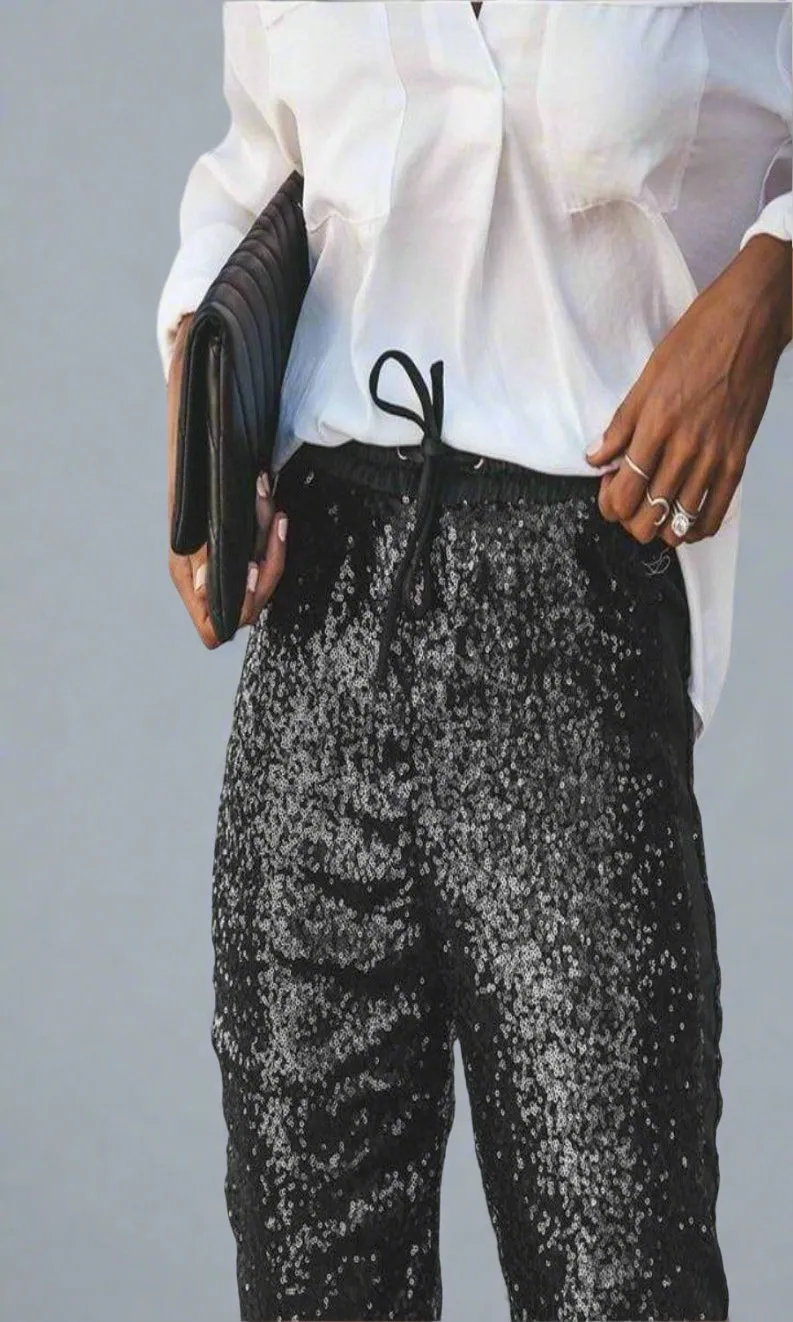 All That Glam Sequin Elastic Black Skinny Leg Pants