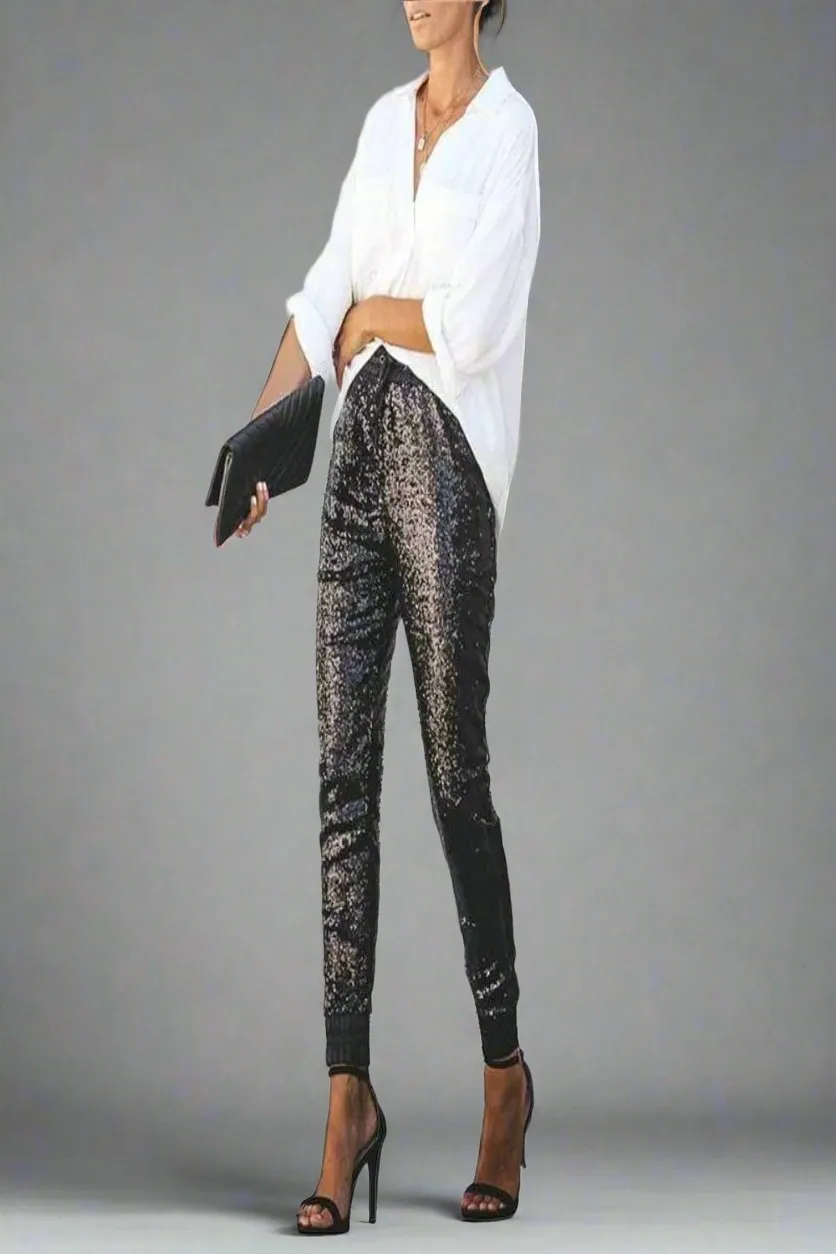 All That Glam Sequin Elastic Black Skinny Leg Pants