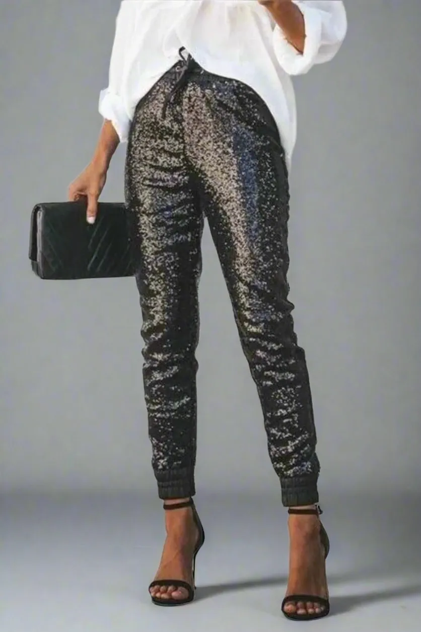 All That Glam Sequin Elastic Black Skinny Leg Pants