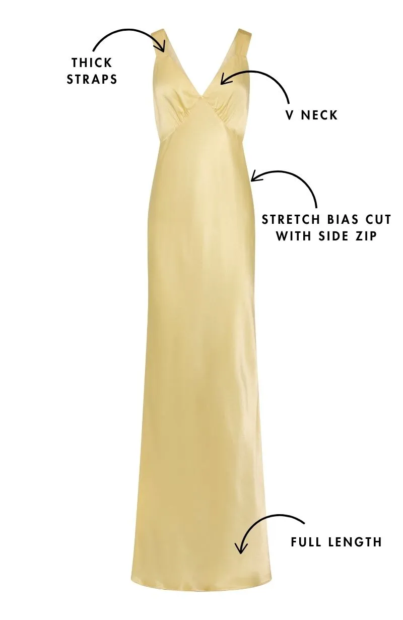 Amelia Dress in Lemonade Yellow Satin
