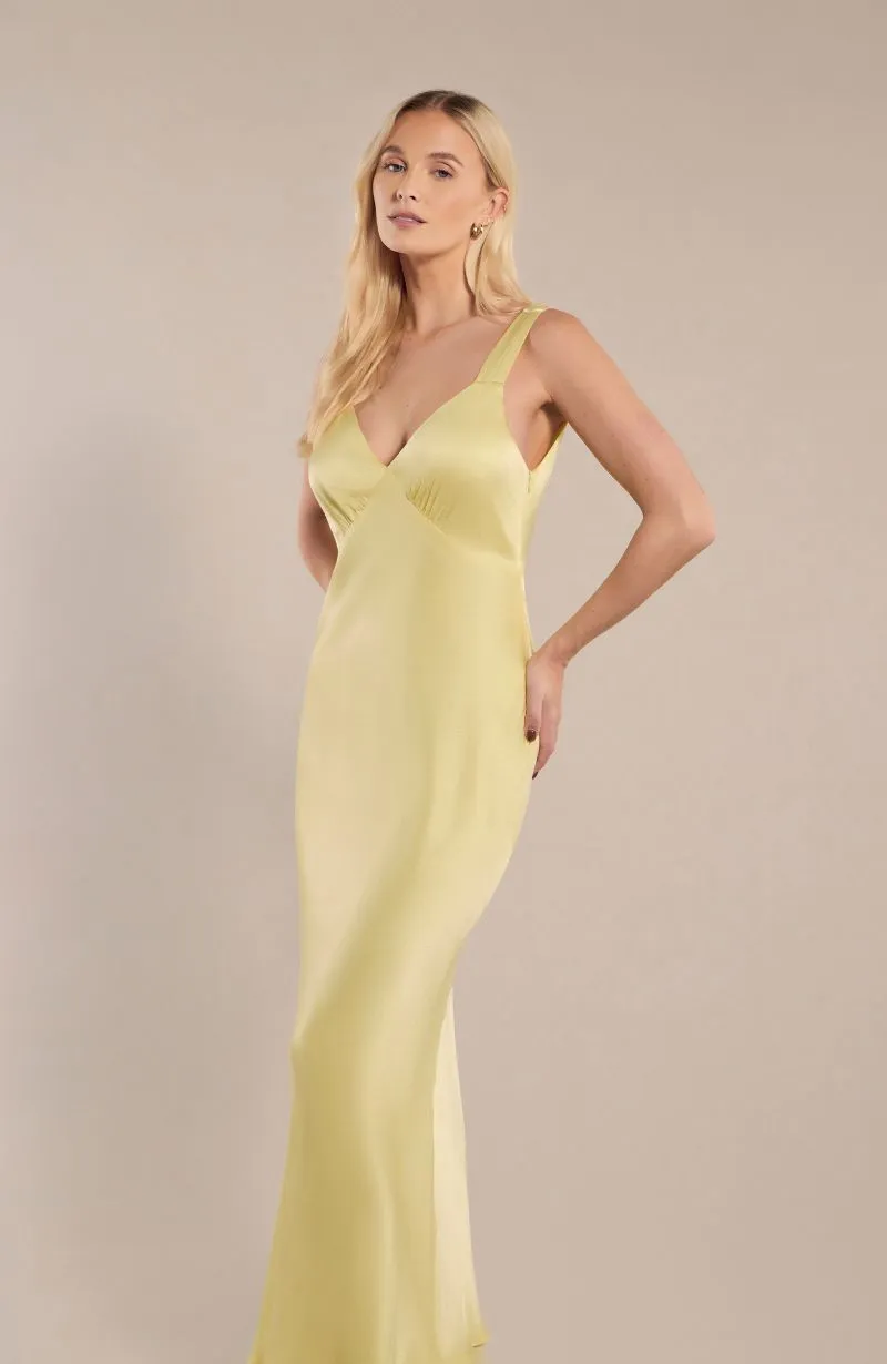 Amelia Dress in Lemonade Yellow Satin