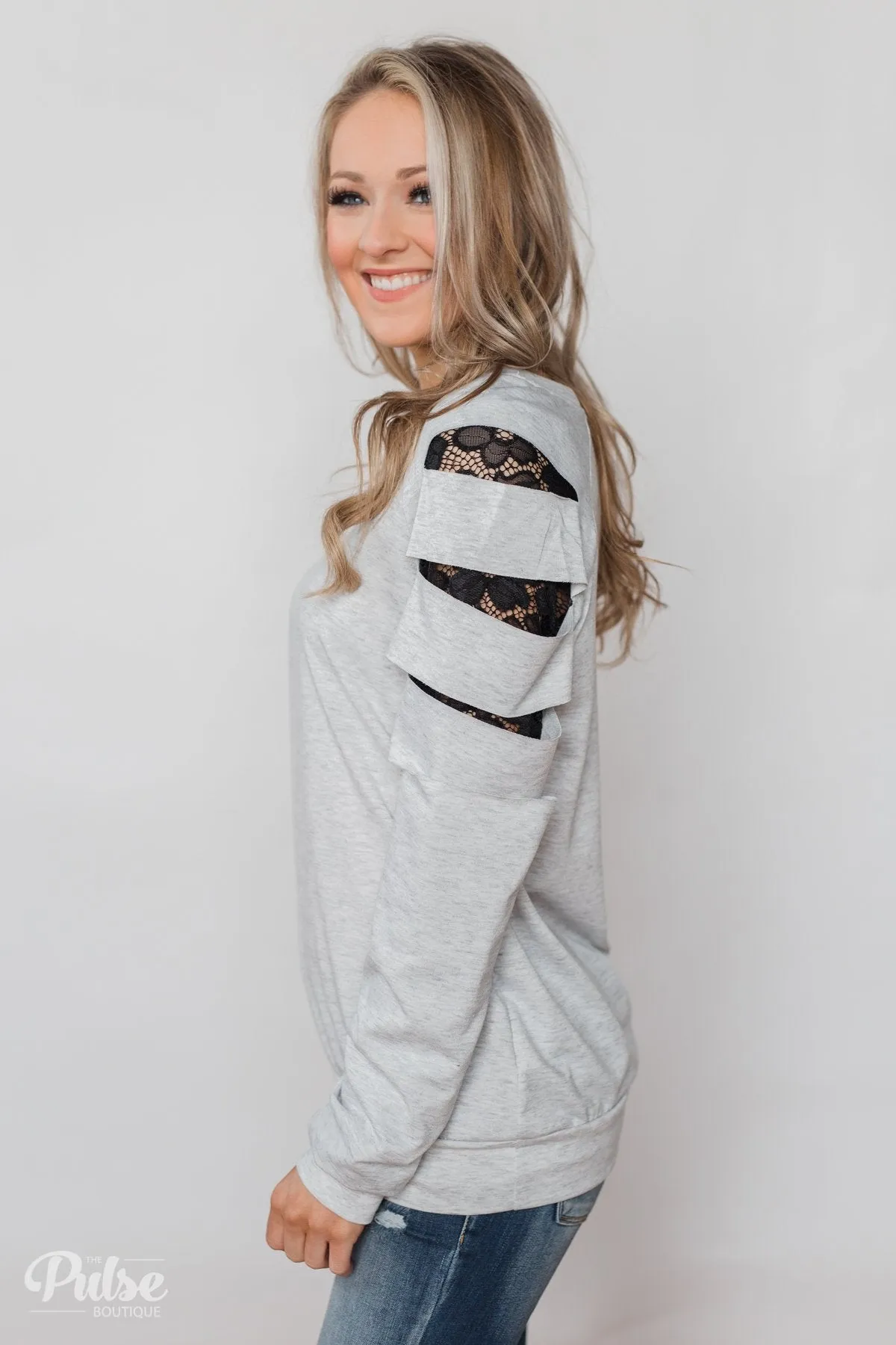 At First Glance Pullover Lace Detail Top- Grey