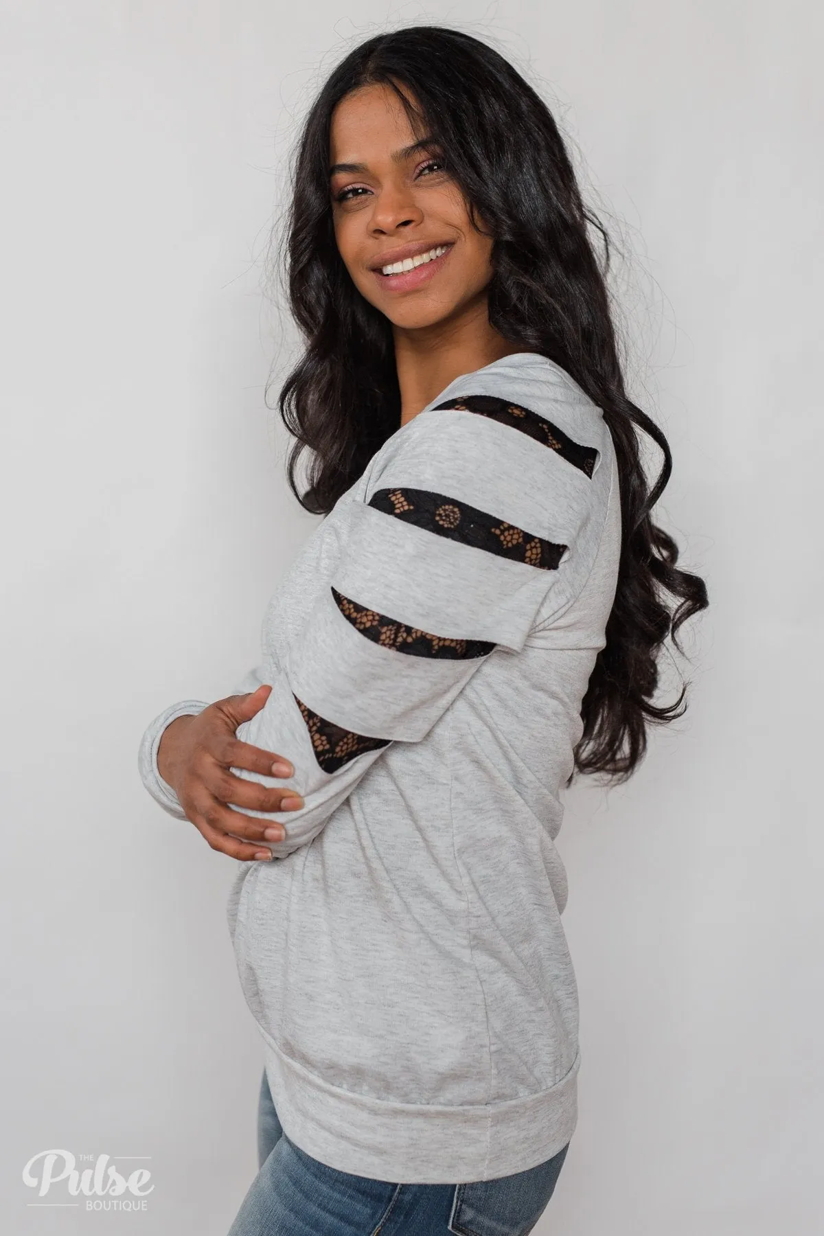 At First Glance Pullover Lace Detail Top- Grey